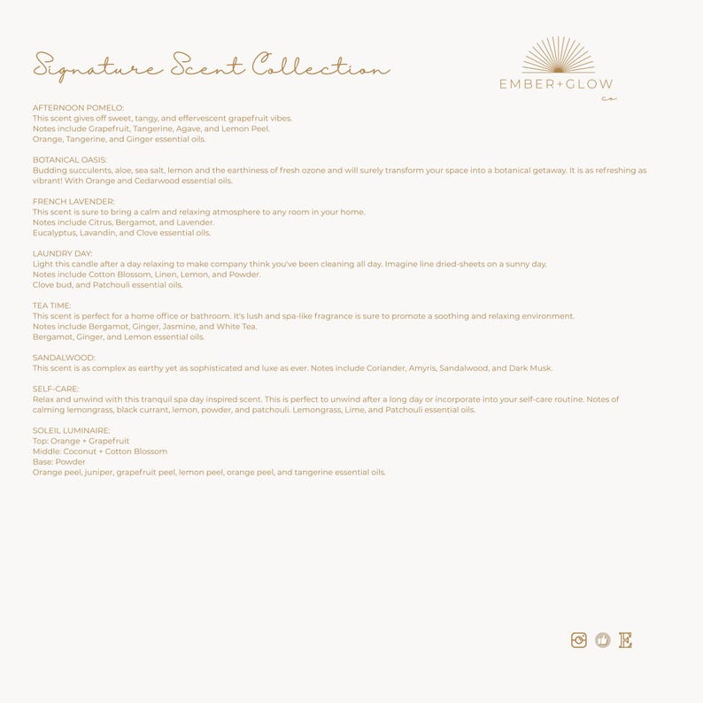 May include: A white informational document titled Signature Scent Collection by Ember Glow Co. The text lists eight distinct fragrance profiles including Afternoon Pomelo, Botanical Oasis, French Lavender, Laundry Day, Tea Time, Sandalwood, Self-Care, and Soleil Luminaire, detailing specific scent notes and essential oil ingredients for each candle variety.