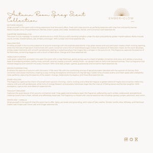 May include: A beige informational card titled Autumn Room Spray Scent Collection by Ember Glow Co. It lists eight fragrance descriptions including Autumn Leaves, Campfire Marshmallow, Hallows Eve, Heirloom Pumpkin, Spiced Pumpkin Chai, Stars Hollow, Twilight Orchard, and White Oak + Vanilla with their respective scent notes.