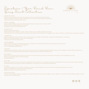 May include: A white informational document titled Signature / Year Round Room Spray Scent Collection by Ember Glow Co. It lists nine distinct fragrance profiles including Before The Storm, French Lavender, Golden Hour, Laundry Day, and Lemon Verbena.