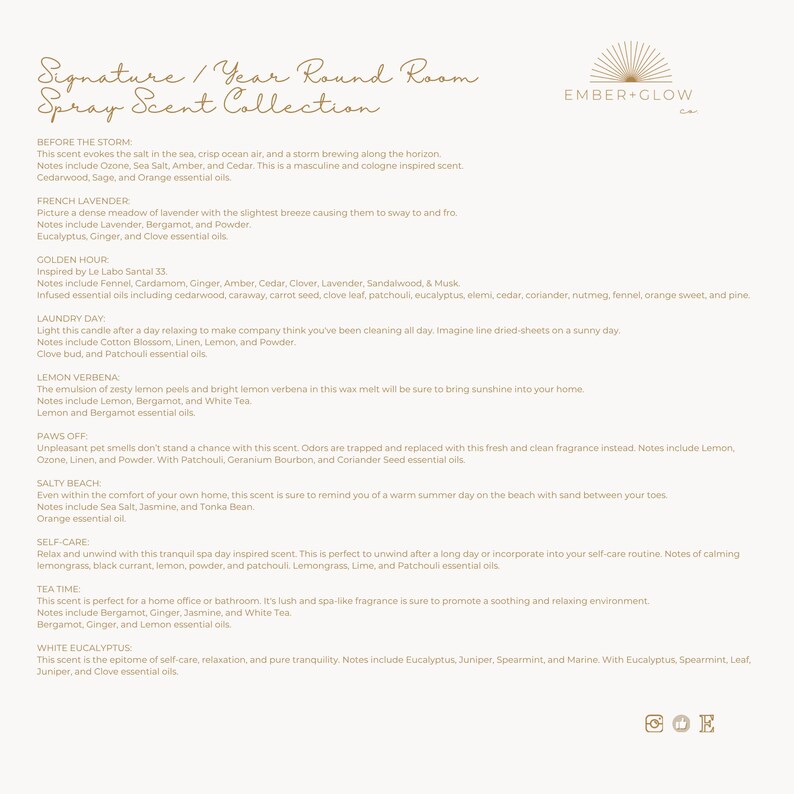 May include: A white informational document titled Signature / Year Round Room Spray Scent Collection by Ember Glow Co. It lists nine distinct fragrance profiles including Before The Storm, French Lavender, Golden Hour, Laundry Day, and Lemon Verbena.