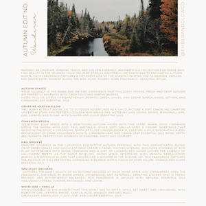 Op de afbeelding: Een productinformatieblad getiteld AUTUMN EDIT NO. II Wanderer met een foto van een rivier die door een herfstbos slingert. De tekst bevat geurbeschrijvingen voor Autumn Leaves, Campfire Marshmallow, Cinnamon Besom, Hallows Eve, Twilight Orchard en White Oak + Vanilla.