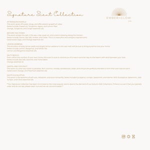 May include: A white informational document titled Signature Scent Collection by Ember + Glow Co. It lists six fragrance descriptions including Afternoon Pomelo, Before the Storm, Lemon Verbena, Salty Beach, Santal and Coconut, and White Eucalyptus.