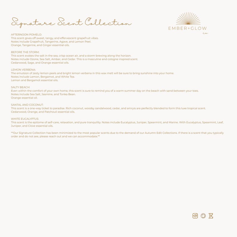 May include: A white informational document titled Signature Scent Collection by Ember + Glow Co. It lists six fragrance descriptions including Afternoon Pomelo, Before the Storm, Lemon Verbena, Salty Beach, Santal and Coconut, and White Eucalyptus.