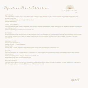 May include: A cream-colored product description sheet for the "Signature Scent Collection" by Ember + Glow. The text lists the scents: Salty Beach, Santal and Coconut, Self-Care, Soleil Luminaire, Tea Time, and White Eucalyptus, with their key notes.