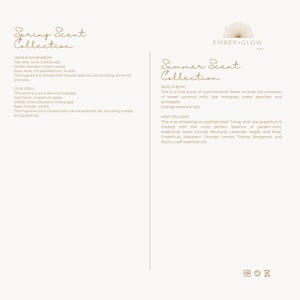May include: A white informational document titled Spring Scent Collection and Summer Scent Collection by Ember+Glow Co. The text lists fragrance notes for Himalayan Bamboo, Love Spell, Beach Bum, and Mint Paloma, detailing top, middle, and base scents.
