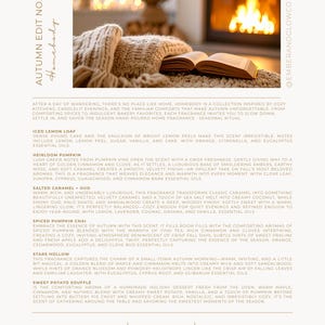 May include: A product information sheet titled AUTUMN EDIT NO. I Homebody featuring a photograph of an open book resting on a beige knit blanket in front of a fireplace. The text lists six home fragrance scents: Iced Lemon Loaf, Heirloom Pumpkin, Salted Caramel + Oud, Spiced Pumpkin Chai, Stars Hollow, and Sweet Potato Souffl&eacute;.