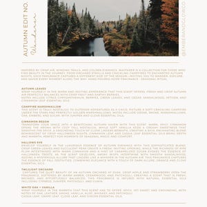 May include: A product information sheet titled AUTUMN EDIT NO. II Wanderer featuring a photograph of a river winding through an autumn forest. The text lists fragrance descriptions for Autumn Leaves, Campfire Marshmallow, Cinnamon Besom, Hallows Eve, Twilight Orchard, and White Oak + Vanilla.