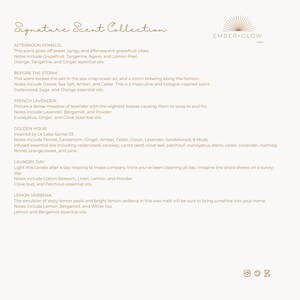 May include: A cream-colored product description card for the "Signature Scent Collection" by Ember + Glow. The card lists the scent notes for Afternoon Pomelo, Before The Storm, French Lavender, Golden Hour, Laundry Day, and Lemon Verbena. The Ember + Glow logo is in the upper right corner.