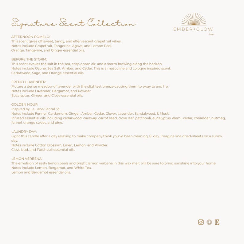 May include: A cream-colored product description card for the "Signature Scent Collection" by Ember + Glow. The card lists the scent notes for Afternoon Pomelo, Before The Storm, French Lavender, Golden Hour, Laundry Day, and Lemon Verbena. The Ember + Glow logo is in the upper right corner.