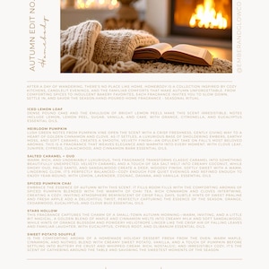 Op de afbeelding: Een productinformatieblad getiteld AUTUMN EDIT NO. I Homebody met een foto van een open boek op een beige gebreide deken voor een open haard. De tekst somt zes huisgeuren op: Iced Lemon Loaf, Heirloom Pumpkin, Salted Caramel + Oud, Spiced Pumpkin Chai, Stars Hollow en Sweet Potato Souffl&eacute;.