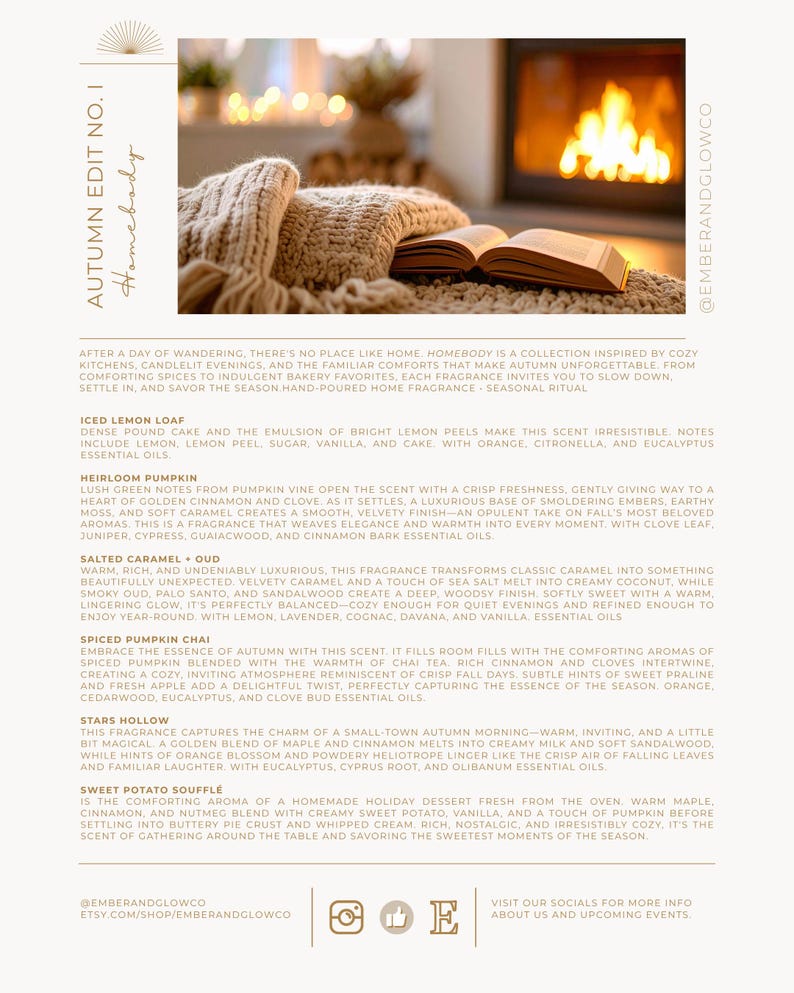 Op de afbeelding: Een productinformatieblad getiteld AUTUMN EDIT NO. I Homebody met een foto van een open boek op een beige gebreide deken voor een open haard. De tekst somt zes huisgeuren op: Iced Lemon Loaf, Heirloom Pumpkin, Salted Caramel + Oud, Spiced Pumpkin Chai, Stars Hollow en Sweet Potato Souffl&eacute;.