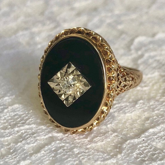Victorian Vintage Black Onyx Diamond Ring 14k Gold Anniversary Etsy