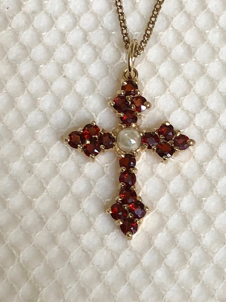 Antique Bohemian Garnet Cross Vintage Garnet Pearl 9K Yellow | Etsy