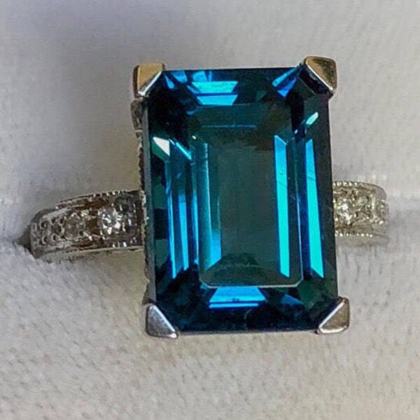 RESERVED    Estate London Blue Topaz Ring Emerald Cut Solitaire 14K Gold  Wedding Anniversary Engagement Ring Vintage