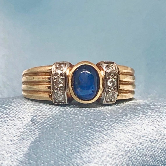 Vintage Blue Sapphire Diamond Ring Band 14K Gold Estate Blue | Etsy
