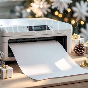 May include: A white printer with a sheet of paper emerging from the output tray. The scene is set on a wooden surface with Christmas decorations, including pinecones, gift boxes, and a decorated Christmas tree in the background.