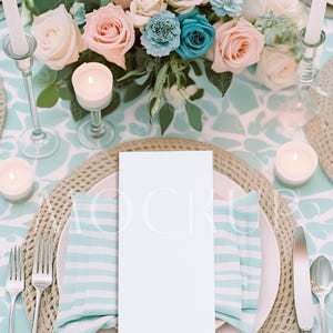 Maqueta de menú de boda de 4 x 9 pulgadas, maqueta de disposición de mesa, maqueta de menú de cena, maqueta de menú con flores en tonos neutros, maqueta de menú con papelería de boda