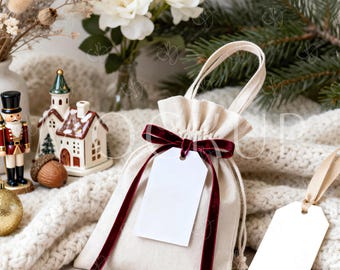 Winter Holiday Tags Mockup, Christmas Thank You Tag Template, White Gift Rectangle 2x3.5 Mock-up