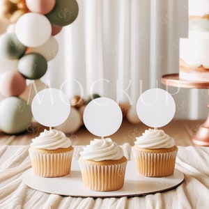 Boho Babyparty Cupcake Toppers Mockup, Boho Runde Cupcake Tags Mockup, Geburtstagsparty Kuchen Topper Mockup, Candy Label Favor Tag Mockup