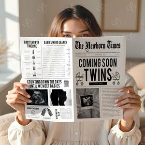 May include: A person holding a newspaper titled "The Newborn Times" with the headline "Coming Soon Twins." The newspaper includes baby shower timeline details, a word search, and sonogram images. The date is August 2025.