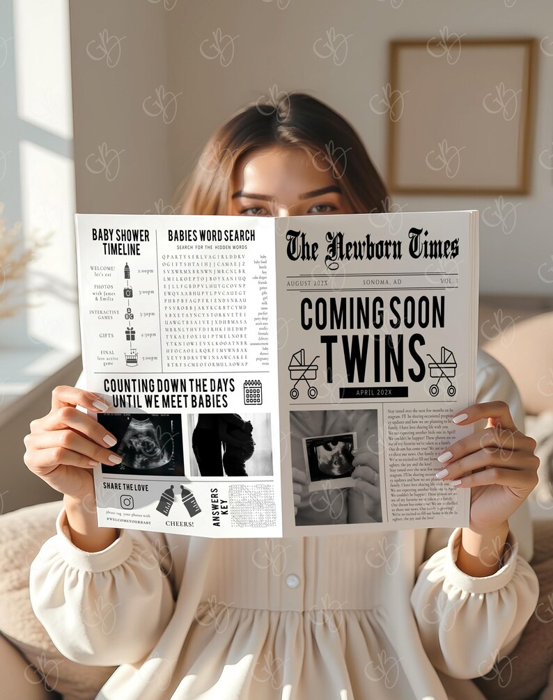 May include: A person holding a newspaper titled "The Newborn Times" with the headline "Coming Soon Twins." The newspaper includes baby shower timeline details, a word search, and sonogram images. The date is August 2025.