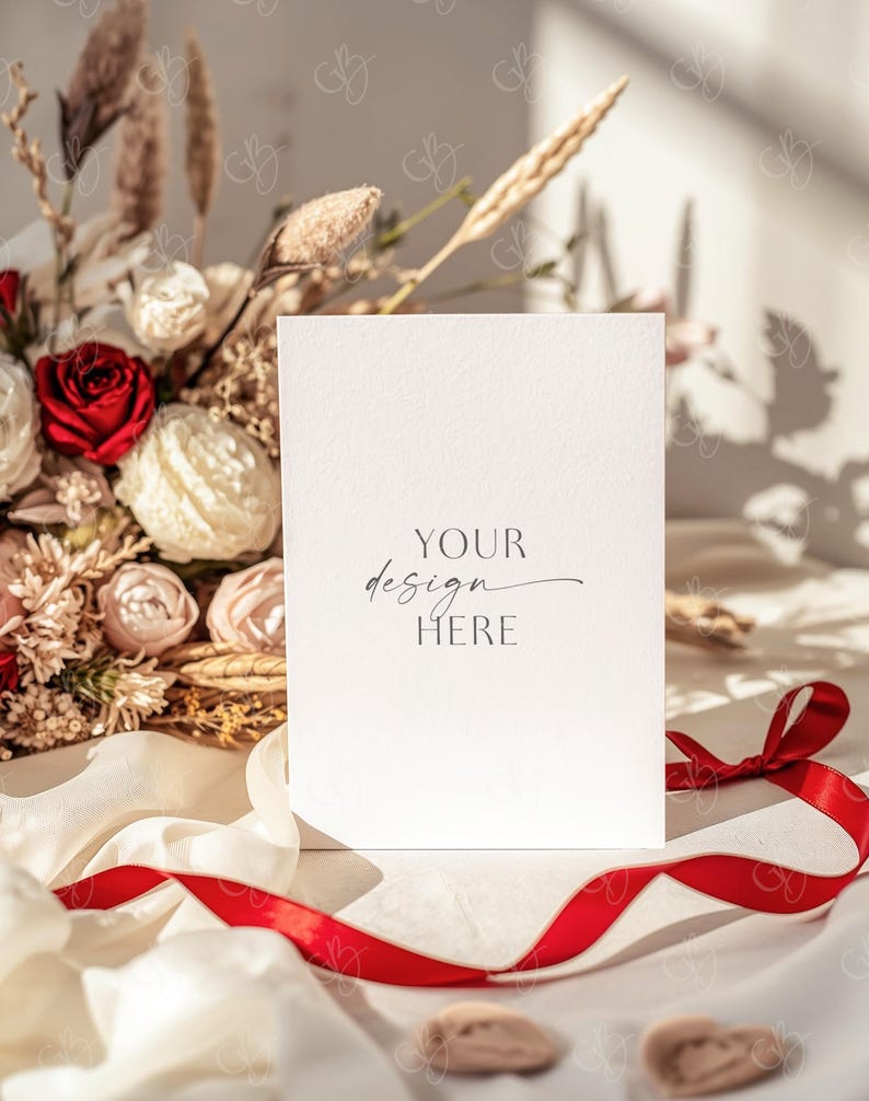 May include: A blank white card with the text "YOUR design HERE" in elegant script, resting on a white surface with a red ribbon. A bouquet of flowers with red and white roses and dried grasses is in the background.