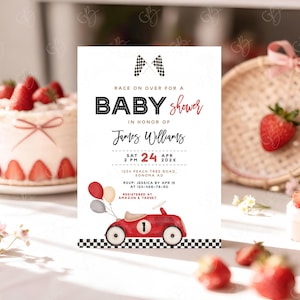 May include: Baby shower invitation with a red race car illustration, balloons, and the text "Race on over for a Baby Shower." The invitation includes the name "James Williams," date, time, and location. The design incorporates checkered flags and a strawberry cake.