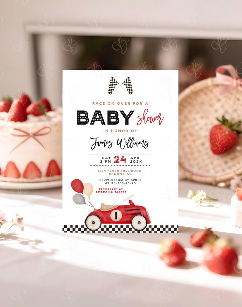 May include: Baby shower invitation with a red race car illustration, balloons, and the text "Race on over for a Baby Shower." The invitation includes the name "James Williams," date, time, and location. The design incorporates checkered flags and a strawberry cake.