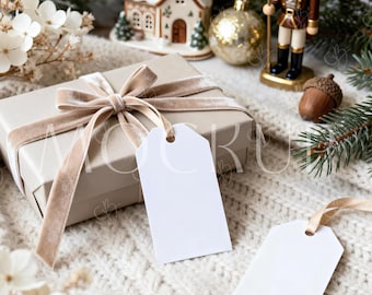 White Gift Rectangle 2x3.5 Mock-up, Winter Holiday Tags Mockup, Christmas Thank You Tag Template