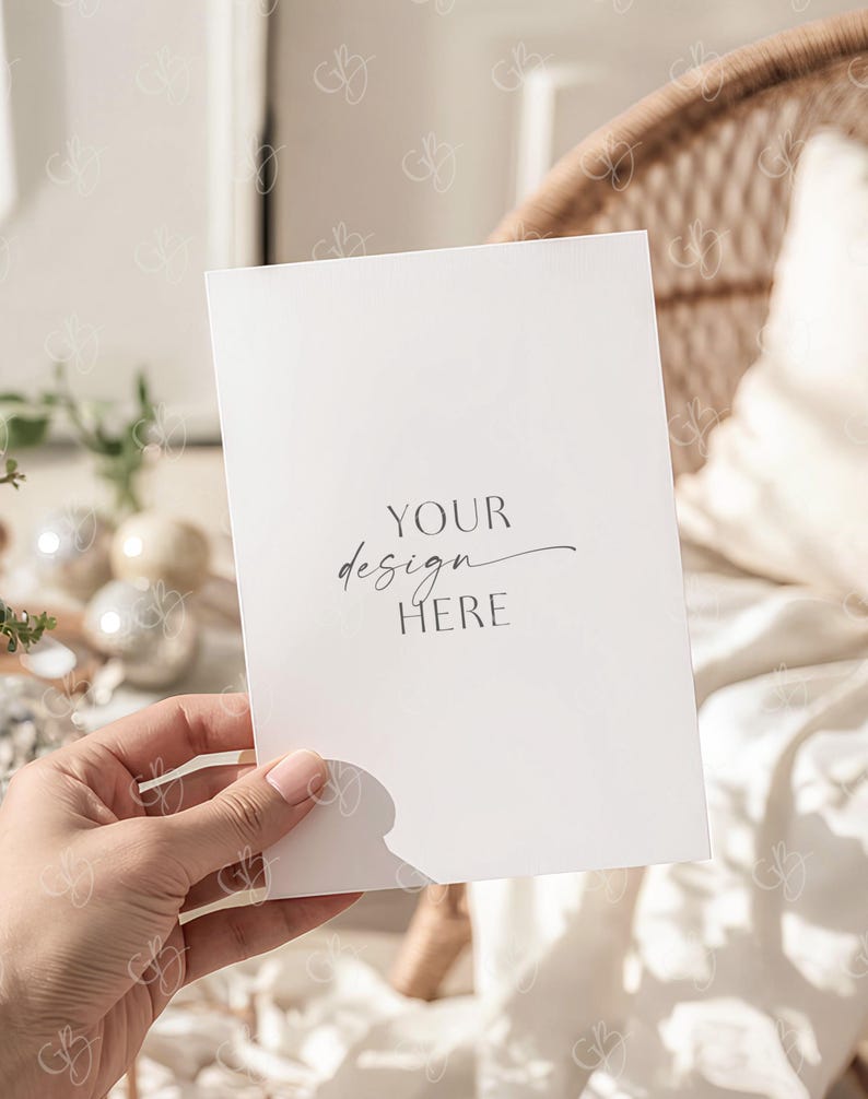 May include: A white card held by a hand, with the words "YOUR design HERE" in elegant script. The card is in front of a blurred background with a wicker chair and decorative elements, creating a soft, neutral aesthetic.