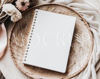 Digital Mockup for Notebook Smart Object, Gold Spiral Notebook Mockup, 6x8 Modern Blank Journal Mockup, Boho Hardcover Notebook Mockup PSD
