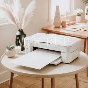 Maqueta de impresora minimalista bohemia blanca, maqueta de impresora y hoja de papel, maqueta de página de impresión de impresora doméstica de 8,5 x 11 pulgadas, maqueta de carta de impresora de escritorio