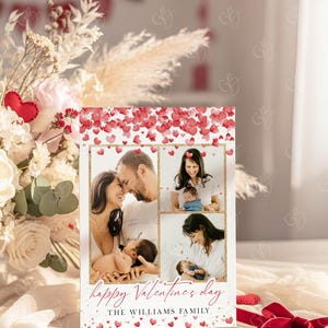 May include: A Valentine's Day photo card featuring four family photos with a gold border. The card has a red heart design and the text "happy Valentine's day" and "THE WILLIAMS FAMILY" in pink script.