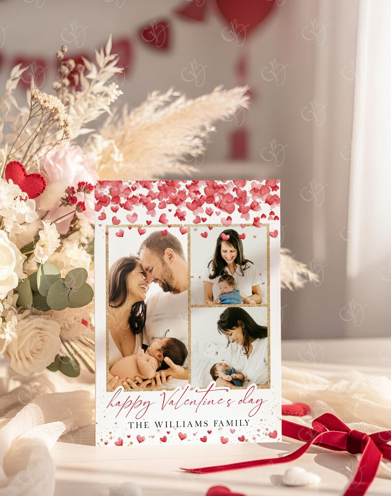 May include: A Valentine's Day photo card featuring four family photos with a gold border. The card has a red heart design and the text "happy Valentine's day" and "THE WILLIAMS FAMILY" in pink script.