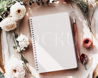 Boho Hardcover Notebook Mockup PSD, 6x8 Modern Blank Journal Mockup, Cozy Spiral Notebook Mockup, Digital Mockup for Notebook Smart Object