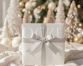 Boho Christmas Wrapping Paper Mockup, Present Gift Box and Pattern Paper Template, Winter Holiday Wrap PSD for Photoshop Photopea