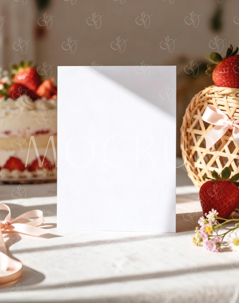 May include: A blank white card stands upright, illuminated by sunlight, with a strawberry cake and a woven basket with strawberries in the background. A pink ribbon and small flowers are also present, creating a soft, inviting scene.