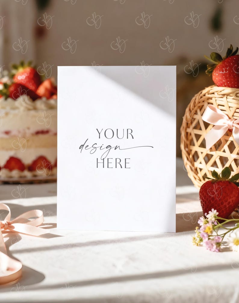 May include: A white card with the text "YOUR design HERE" is the focal point of this image. A strawberry shortcake, a woven basket with strawberries, and fresh strawberries are arranged around the card. Soft light and shadows create a delicate, inviting scene.