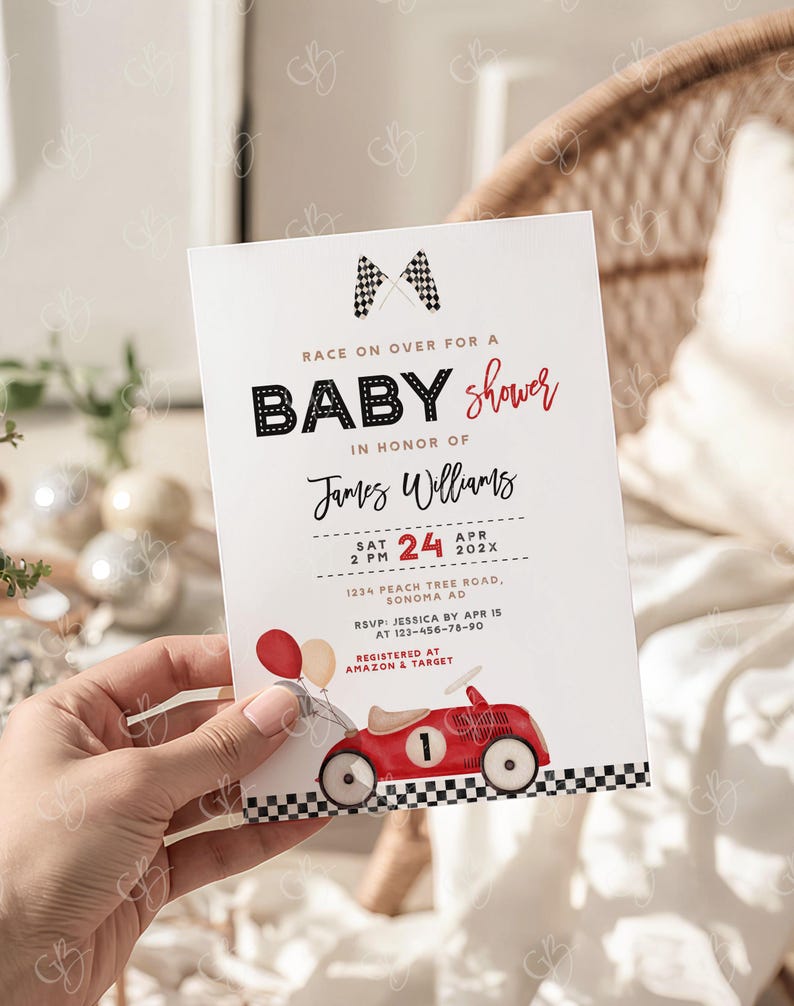 May include: Baby shower invitation with a race car theme. The invitation features the text "Race on over for a Baby Shower" and includes the name "James Williams". A red race car illustration with balloons is at the bottom.