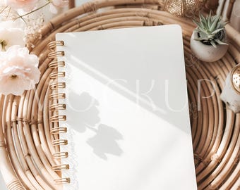 Boho Hardcover Notebook Mockup, Gold Spiral Notebook Mockup, 6x8 Modern Blank Journal Mockup PSD, Digital Mockup for Notebook Smart Object