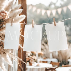 Girlande Banner Set Drei 5x7 Kartenmodell, Boho Hochzeit Sitzplan Mockup, Hängekarte Mockup, Flagge Mockup, Monatliches Foto Banner Mockup