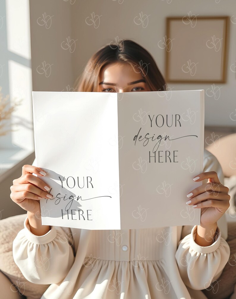 May include: A person holding a folded card with the text "YOUR design HERE" in a script font. The card is white on one side and off-white on the other. The person is wearing a beige dress.