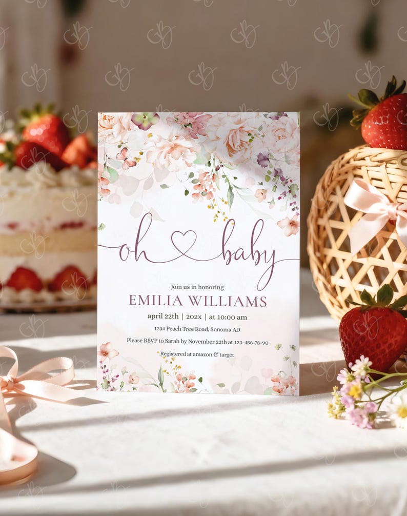 May include: A baby shower invitation with floral accents and the words "oh baby" in cursive. The invitation includes details for Emilia Williams' baby shower, including the date, time, and location. Strawberries and a cake are in the background.