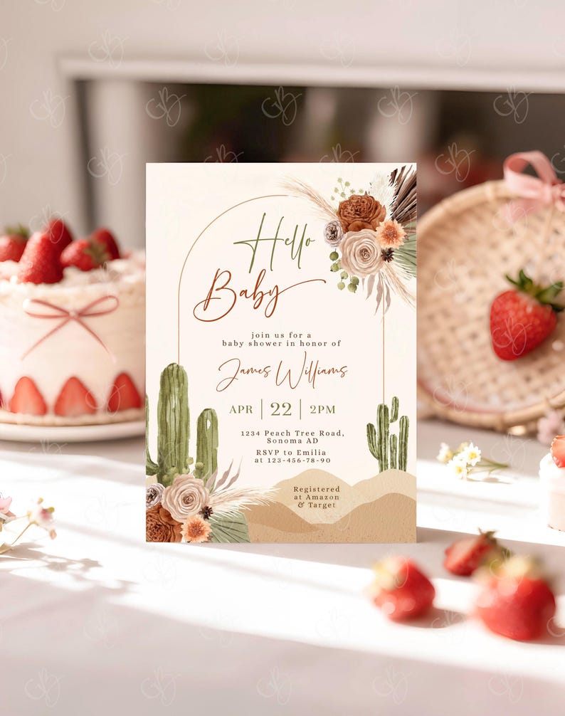 Strawberries Invite 5x7 Mockup, Berry Sweet Birthday Card Template, Strawberry Baby Shower Invitation Mock-up image 8