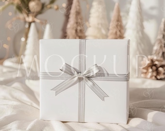 Minimalistic Present Gift Box and Pattern Paper Template, Christmas Wrapping Paper Mockup, Winter Holiday Wrap PSD for Photoshop Photopea