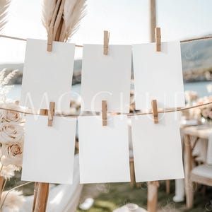 Slinger bannerkaart mockup, vlag set zes 5 x 7 mockup, maandelijkse fotobanner mockup, boho bruiloft zitplaatsen grafiek mockup, hangende kaart mockup PSD