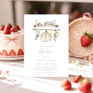 May include: A baby shower invitation with watercolor illustrations of baby clothes and a shelf. The invitation text reads "Please join us for a baby shower" and includes the name James Williams, date, time, and RSVP information.