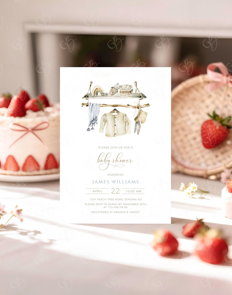 May include: A baby shower invitation with watercolor illustrations of baby clothes and a shelf. The invitation text reads "Please join us for a baby shower" and includes the name James Williams, date, time, and RSVP information.