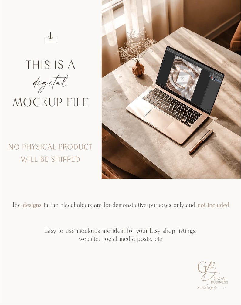 May include: A laptop computer sits on a concrete table, displaying a mockup design. A pen and small vase with dried flowers are nearby. Text on the image reads: "THIS IS A digital MOCKUP FILE. NO PHYSICAL PRODUCT WILL BE SHIPPED."