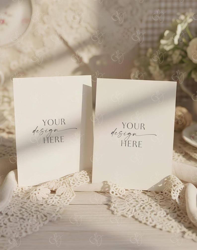 K&ouml;nnte beinhalten: Zwei cremefarbene Karten mit dem Text "YOUR design HERE" werden auf einer Holzoberfl&auml;che pr&auml;sentiert. Die Karten sind von Spitze und weichem Licht umgeben, was auf einen Mockup f&uuml;r Schreibwaren oder Einladungen hindeutet.